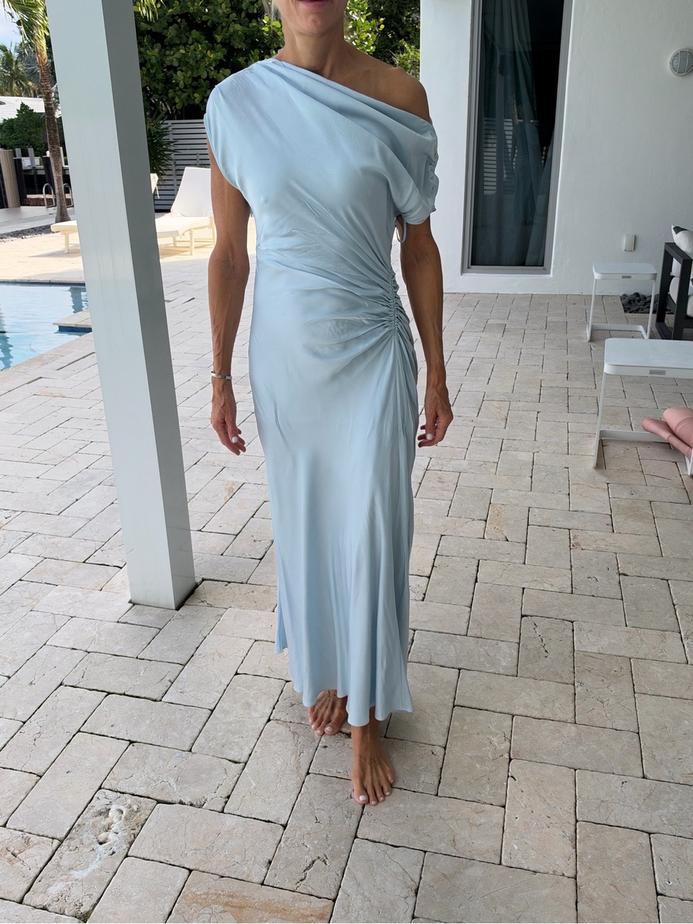 A.L.C. Pale Blue One-Shoulder Ruched Maxi Dress